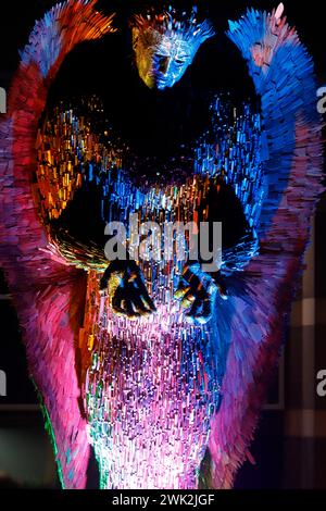 Knife Angel sculpture that's currently touring the UK. Seen here illuminated outside the Royal Armouries at Leeds Dock until the end of February 2024 Stock Photo