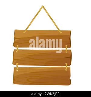 Wooden sign hanging on rope, signboard with three brown linked empty panels vector illustration Stock Vector