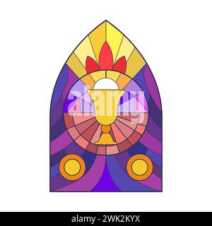 Stained glass gothic arch church window, golden bowl inside round frame pattern vector illustration Stock Vector