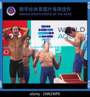 Beijing, Qatar. 16th Feb, 2024. XINHUA SPORTS PHOTO OF THE WEEK (from Feb. 5 to Feb. 18, 2024) TRANSMITTED on Feb. 18, 2024. Ji Xinjie (3rd L), Pan Zhanle (4th L) and Wang Haoyu (2nd L) of China celebrate after winning the men's 4X200m freestyle relay final of swimming event at the World Aquatics Championships 2024 in Doha, Qatar, Feb. 16, 2024. Credit: Luo Yuan/Xinhua/Alamy Live News Stock Photo