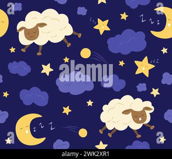 Seamless Pattern with Cute Cartoon Sheep Characters Sleeping at Night Concept Background Stock Vector