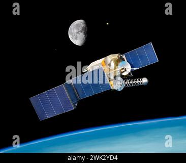 Model of a Skynet4 - series of military communications satellites placed in a geo stationary orbit above planet Earth -  with Moon, Jupiter and Venus Stock Photo