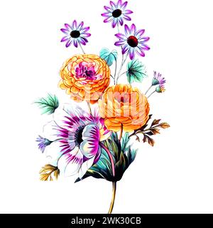 Digital textile flower and leaves design with beautiful style and beautiful color flower Stock Vector