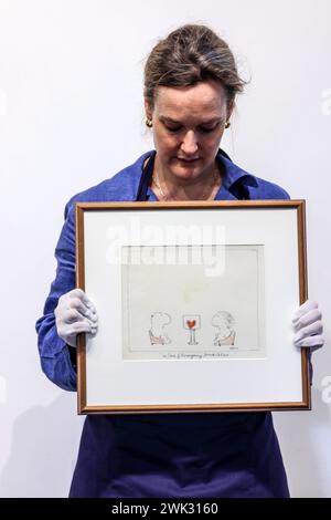 London, UK. 18th Feb, 2024. Olympia Auctions Exhibition of the nations beloved cartoonist, Mel Calmanat Olympia Auctions, 100's of cartoons consigned from family private collection. Gallery opens Monday 19th February - Friday 1st March. Credit: Paul Quezada-Neiman/Alamy Live News Stock Photo