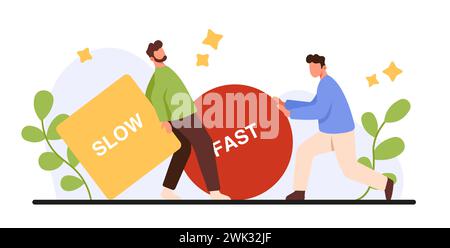 Business competition between different ways to solve problem, hard and easy, fast efficient and slow methods. Tiny smart man rolling ball, character trying to push cube cartoon vector illustration Stock Vector