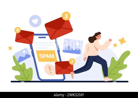 Mobile app mailbox full of marketing letters, spam overload. Tiny woman running away in anxiety and fear from emails with notifications flying from screen of giant phone cartoon vector illustration Stock Vector