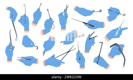 Doctors hands with different medical equipment and surgical tools set. Medicine collection of human arms in protective gloves operating, holding scalpel, lancet or syringe cartoon vector illustration Stock Vector