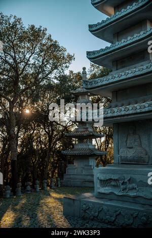 Travel Alentejo interesting places Pagodas in the Bacalhoa Buddha Eden oriental garden in Portugal Stock Photo