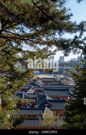 Suwon, South Korea - 29 October 2023: View of Traditional Korean Roof from above of Hwaseong Haenggung, temporary palace where the king used to stay w Stock Photo