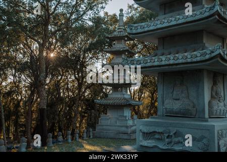 Travel Alentejo interesting places Pagodas in the Bacalhoa Buddha Eden oriental garden in Portugal Stock Photo