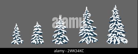 A set of snow-covered trees. Isolated without a shadow. Christmas. Winter nature.  winter background. fir trees in different shapes and forms. Stock Photo
