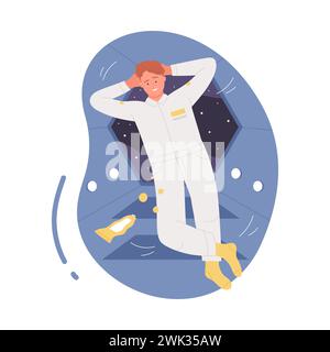Astronaut floating in rocket. Relaxed astronaut in spacecraft, food for astronauts cartoon vector illustration Stock Vector