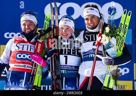 Minneapolis, Minnesota, USA, 17 February, 2024: Winners of the FIS world cup sprint cross country ski race at Theodore Wirth Regional Park in Minneapolis, Minnesota, USA, from left, Linn Svahn (SWE) 2nd, Jonna Sundling (SWE) 1st; Kristine Stavaas Skistad (NOR) third. The race was the first nordic world cup event held in the USA since 2001. Credit: John Lazenby/Alamy Live News Stock Photo