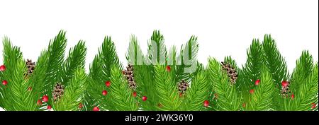 a wide garland of fir branches, cones and red berries. New Year's and Christmas decorations. Isolated on white background without shadow. Stock Photo