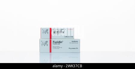 CHONBURI, THAILAND-JANUARY 30, 2023: Fucidin cream. Fusidic acid. Antibiotic drug for treatment bacterial infections. Fusidic acid antibiotic cream Stock Photo