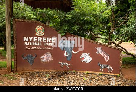 Pictures of African animals on the sign at the Mtemere entrance to Nyerere National Park (Selous Game Reserve) in Tanzania. Stock Photo