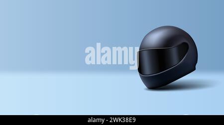3d vector motorcycle helmet. Black glossy stylish protection for sport racing, full head with glass, cartoon realistic, isolated Stock Vector