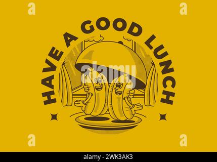 Have a good lunch. Mascot character illustration of two hot dog on the plate with happy face Stock Vector