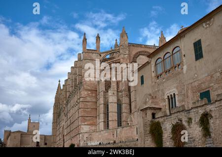 Palma, Mallorca, Balearic Islands, Spain. February 10, 2024 - Side view of the majestic Gothic cathedral of Santa Maria de Palma de Mallorca known as Stock Photo