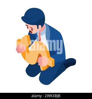 Flat 3d Isometric Businessman with Dollar Symbol Handcuffs. Financial Crisis and Debt Concept. Stock Vector