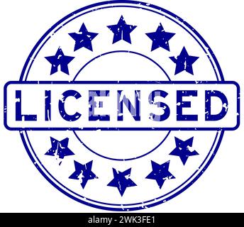 Grunge blue licensed word with star icon round rubber seal stamp on white background Stock Vector