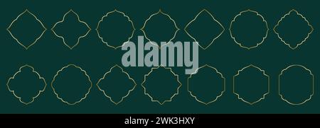 Gold geometric ornamental frame, round and square shapes Islamic window with girikh pattern, silhouette Arabic rhombus. Luxury set in oriental style Stock Vector