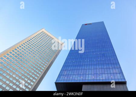 Melbourne, Australia - 20 January 2023: 385 and 405 Bourke Street, skyscrapers in the city housing shops and offices in the State Bank Centre and NAB Stock Photo