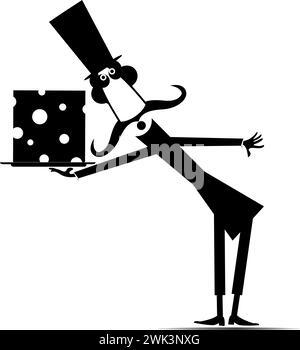 Man holds a tray with a piece of cheese.  Cartoon long mustache man in the top hat holds a tray with a big slice of cheese. Black and white Stock Vector