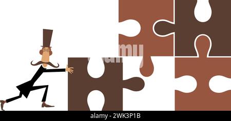 Man in the top hat solving the puzzle.  Cartoon long mustache man in the top hat holding puzzle piece and connecting idea. Isolated on white Stock Vector