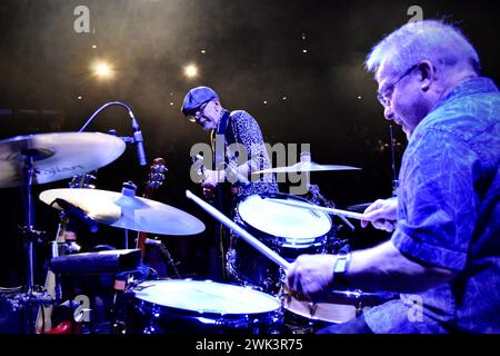 Yarm, UK. 17 Feb 2024. Rod Clements and drummer Paul Smith pictured as folk rock band Lindisfarne performed to sell-out crowd with a trademark stunning performance of their back catalogue of world-renowned songs, as they brought their Magic in the Air UK tour to the Princess Alexandra Auditorium, Yarm. Credit: James Hind/Alamy Live News. Stock Photo