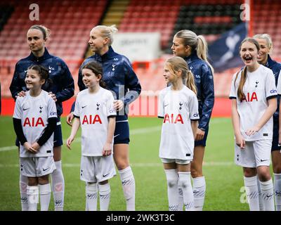 London, UK. 18th Feb, 2024. London, England, February 18 2024: Players of Tottenham Hotspur with the mascots ahead of the Barclays FA Womens Super League game between Tottenham Hotspur and Aston Villa at Gaughan Group Stadium (Brisbane Road) in London, England. (Jay Patel/SPP) Credit: SPP Sport Press Photo. /Alamy Live News Stock Photo