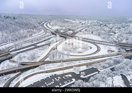 Aerial view of highway interchange in winter with snow, Pennsylvania, USA Stock Photo