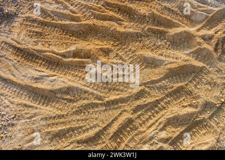 Aerial view of tread marks pattern in dirt made by construction equipment, Dallas Texas USA Stock Photo