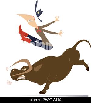 Farmer or cowboy and angry bull. Rodeo.  Cartoon farmer or cowboy falls down from the bull. Isolated on white background Stock Vector