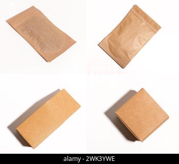 Kraft packages, zip pouch, bag, carton box. Craft brown packs set. Stock Photo