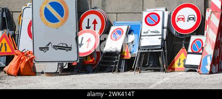 warehouse of the many road signs used by the construction company also with the no parking road sign and many others Stock Photo