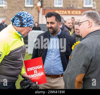 Lossiemouth, Moray, UK. 17th Feb, 2024. This is Humza Yousaf on his campaign at Lossiemouth east Beach Bridge on Saturday 17 February 2024. He was met with a group of supporters and chatted with them. Credit: JASPERIMAGE/Alamy Live News Stock Photo