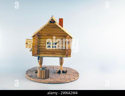 A figurine of a wooden house on chicken legs. Baba Yaga's house. Handmade. Stock Photo