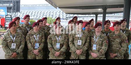 Daytona, United States. 18th Feb, 2024. Paratroopers from 2nd Battalion 505th infantry regiment, 3rd Brigade Combat Team, 82nd Airborne Division, based out of Fort Liberty, N.C. assemble before the announced postponement of the 66th Annual Daytona 500 at the Daytona International Speedway on Sunday, February 18, 2024 Daytona, Florida. Photo by Mike Gentry/UPI Credit: UPI/Alamy Live News Stock Photo