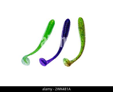 Fishing  baits isolated on a white background. Set of multi-colored silicone baits. Fishing tackle.. Stock Photo