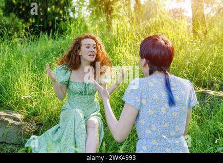 two young women, couple, girlfriends swearing and argueing with each other in park. The concept of disagreements in the family, between friends, coupl Stock Photo