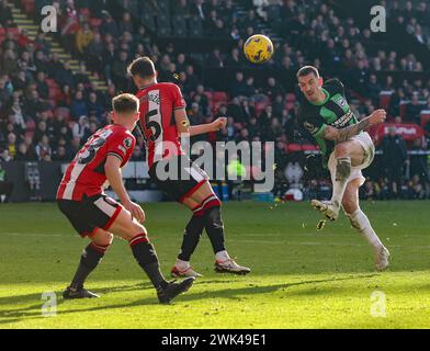 Bramall Lane, Sheffield, UK. 18th Feb, 2024. Premier League Football, Sheffield United versus Brighton and Hove Albion; Brighton &amp; Hove Albion's Lewis Dunk shot is blocked by Sheffield United's Anel Ahmedhodzic Credit: Action Plus Sports/Alamy Live News Stock Photo