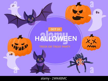 Halloween banner. Orange pumpkin with angry face, cute spooky ghost, spider and bat. Treak or treat party invitation. Frame for text. Autumn holiday. Cartoon flat style isolated vector illustration Stock Vector