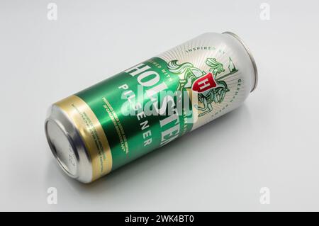 Kyiv, Ukraine - October 20, 2022: Holsten beer can closeup against white. It was first developed in the north of West Germany in 1953. Stock Photo