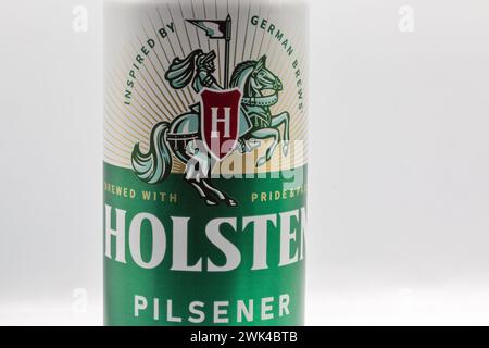 Kyiv, Ukraine - October 20, 2022: Holsten beer can label closeup against white. It was first developed in the north of West Germany in 1953. Stock Photo