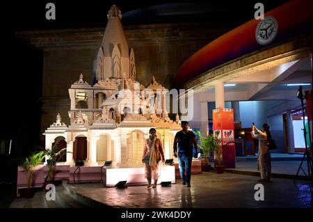 LUCKNOW, INDIA -FEBRUARY 18: Replica of Shri Ram Janmbhumi Temple Ayodhya displayed at the exhibhition area on the eve of groundbreaking ceremony 4. O on February 18, 2024 in Lucknow, India. The event aims to lay the foundation for development projects totaling Rs 10 lakh crore scheduled to take place from February 19 to 21. This initiative is expected to create over 33.5 lakh job opportunities in Uttar Pradesh. Approximately 3,500 investors and guests, comprising individuals from India and overseas, including representatives from Fortune 500 companies, ambassadors, and high commissioners, are Stock Photo