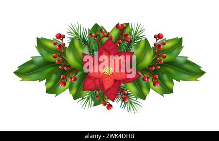 Christmas and New Year decoration . for websites, cards, banners or posters. Christmas garland . Christmas tree branches , red berries, holly leaves a Stock Photo