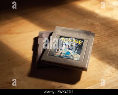 Miami, Florida, United States - November 26, 2023 - Vintage cartridges of Nintendo Game Boy video game on a table. Retro nostalgia. Stock Photo