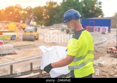 A builder site engineer surveyor working with theodolite total station EDM equipment on a building construction site outdoors toned image Stock Photo