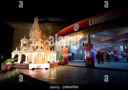 LUCKNOW, INDIA -FEBRUARY 18: Replica of Shri Ram Janmbhumi Temple Ayodhya displayed at the exhibhition area on the eve of groundbreaking ceremony 4. O on February 18, 2024 in Lucknow, India. The event aims to lay the foundation for development projects totaling Rs 10 lakh crore scheduled to take place from February 19 to 21. This initiative is expected to create over 33.5 lakh job opportunities in Uttar Pradesh. Approximately 3,500 investors and guests, comprising individuals from India and overseas, including representatives from Fortune 500 companies, ambassadors, and high commissioners, are Stock Photo